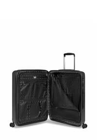 Valigia nera con ruote, dotata di un interno a motivo diamante con zip, featuring due tasche organizzative e un manico estraibile.