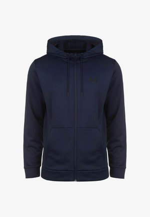 Tumed sinine tõmblukuhoodie pehmest kangast, millel on nööriga kapuuts, ees taskud ja väike must logo rinnal.