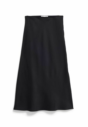 Schwarzer Rock in mittlerer Länge mit leichter Ausbuchtung und glatter Textur, ausgestattet mit einem eingearbeiteten Bund und ohne sichtbare Muster oder Verzierungen.