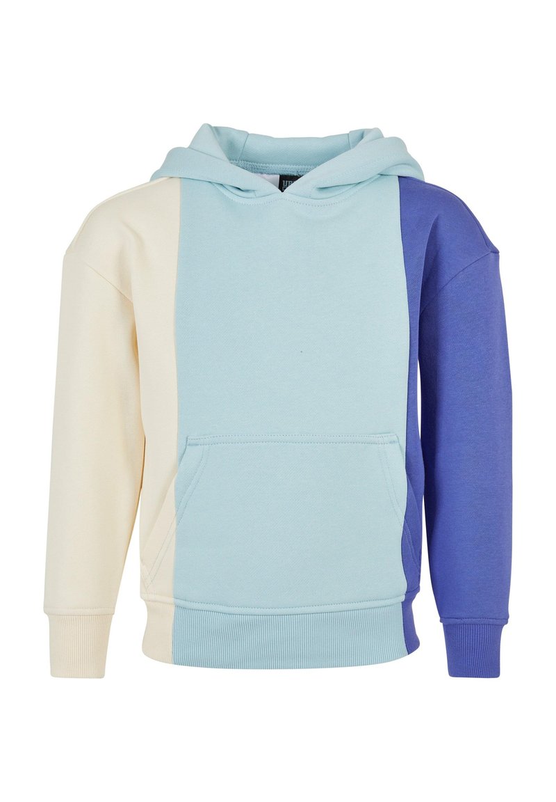 Felpa con cappuccio e tasca frontale, caratterizzata da sezioni di blu chiaro, crema e blu scuro, realizzata in morbido tessuto misto cotone, con polsini a coste.