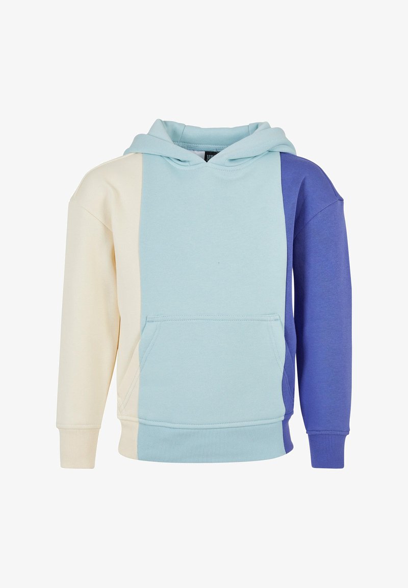 Felpa con cappuccio e tasca frontale, caratterizzata da sezioni di blu chiaro, crema e blu scuro, realizzata in morbido tessuto misto cotone, con polsini a coste.