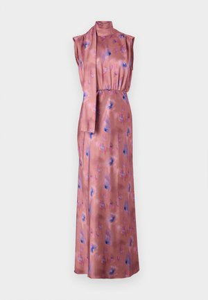 Long, sleeveless dress in soft pink satin with floral patterns in blue and purple. Features a high neck and a tied fabric accent at the waist.