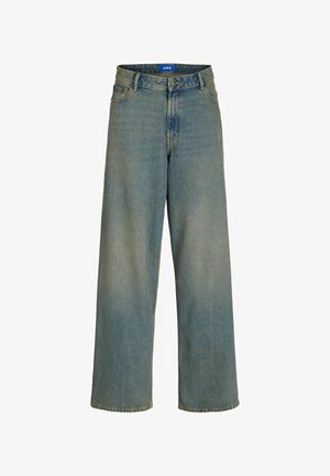 Lichtblauwe wijde jeans van denim, met een knoopsluiting aan de voorkant, riemlussen en vijf zakken. Vervaagde en versleten afwerking.