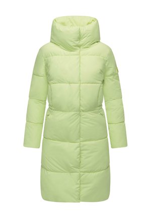 Hellgrüner, gepolsterter Wintermantel mit hohem Kragen, langen Ärmeln und geradem Schnitt. Verfügt über horizontale Steppnähte und eine glatte Textur.