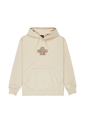 Felpa beige con cappuccio, tasca frontale e coulisse, con la scritta "TOO WILD Element TO BE TAMED" al centro del petto.