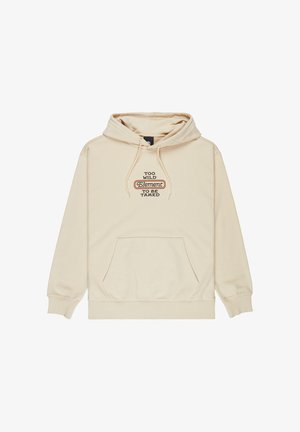 Felpa beige con cappuccio, tasca frontale e coulisse, con la scritta "TOO WILD Element TO BE TAMED" al centro del petto.