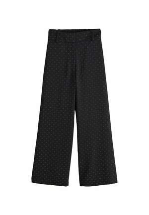 Black wide-leg trousers featuring white polka dots, elastic waistband with belt loops, and smooth texture. Flat front and two side pockets.