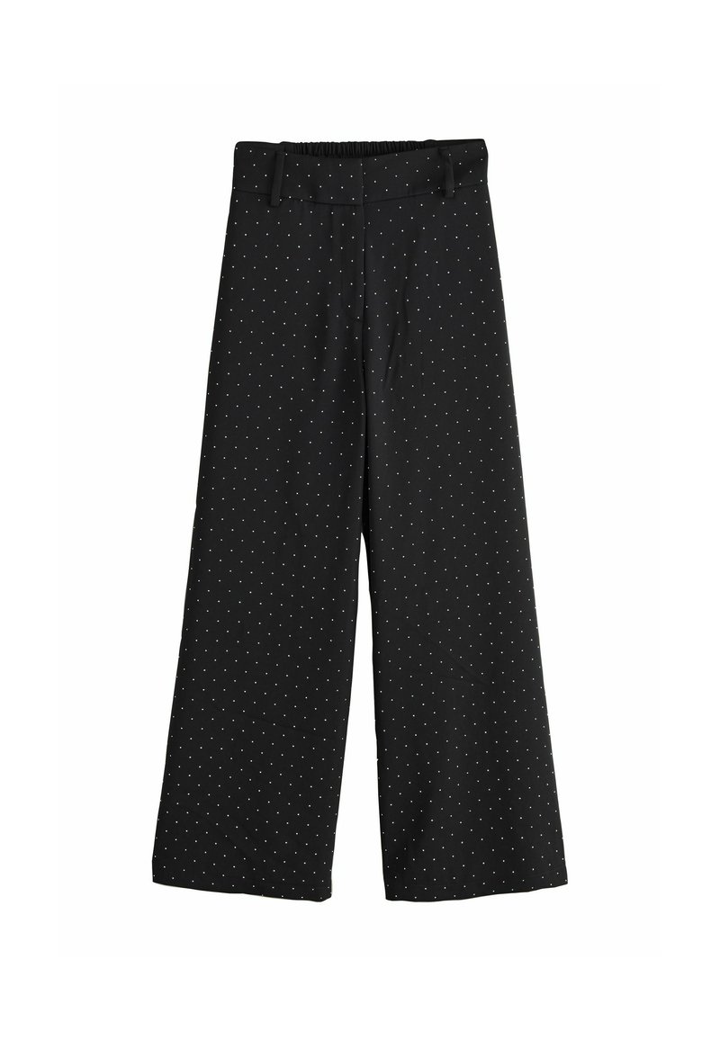 Schwarze Schlaghose mit weißen Punkten, elastischem Bund mit Gürtelschlaufen und glatter Textur. Flacher Vorderteil und zwei seitliche Taschen.
