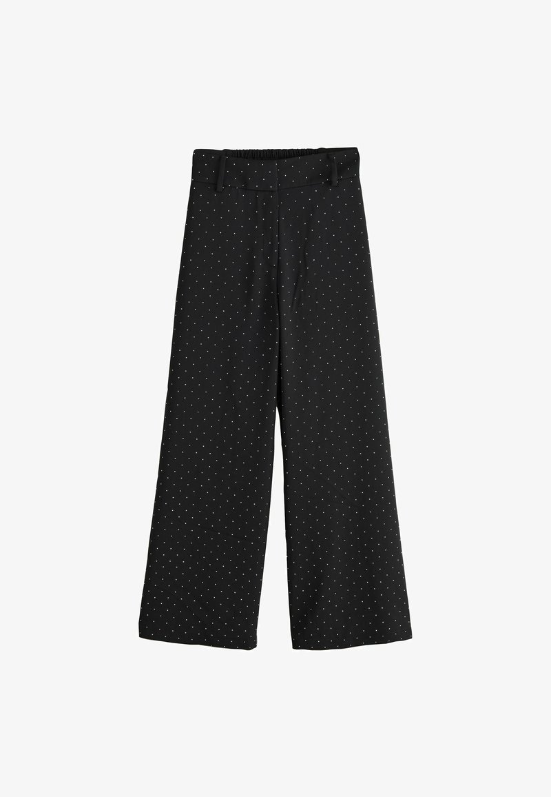 Zwarte broek met wijde pijpen, gekenmerkt door witte stippen, elastische tailleband met riemlussen en een gladde textuur. Platte voorkant en twee zijzakken.