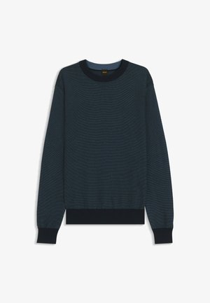 Suéter de punto azul oscuro con cuello redondo, puños y dobladillo acanalados. Presenta un patrón texturizado y detalles en contraste en el cuello.