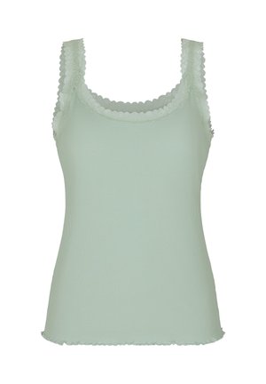 Hellgrünes, geripptes Tanktop mit gewelltem Spitzenbesatz an Ausschnitt, Armöffnungen und Saum.