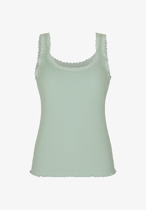 Hellgrünes, geripptes Tanktop mit gewelltem Spitzenbesatz an Ausschnitt, Armöffnungen und Saum.