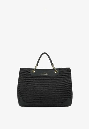 Borsa tote in pelle nera intrecciata con manici superiori, ferrature dorate e logo Braccialini al centro frontale.
