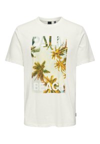 Camiseta de algodón blanca con un estampado gráfico de palmeras y el texto "PALM BEACH" superpuesto en grandes letras blancas. Mangas cortas, corte relajado.
