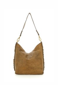 Borsa a mano in pelle marrone con forma hobo, caratterizzata da una parte superiore curva, una superficie testurizzata e decorazioni con perline colorate su un lato. Manico marrone.