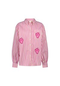 Striped button-up shirt in pink and cream cotton, featuring embroidered strawberry designs on the front and a single chest pocket.