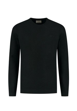 Black knitted sweater with long sleeves, round neckline, textured fabric, and subtle logo detailing on the chest.