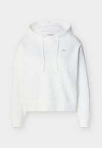 Sweat à capuche blanc à manches longues, avec poche kangourou avant, cordons de serrage et petit logo crocodile Lacoste brodé sur la poitrine.