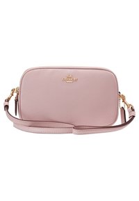 Vaaleanpunainen nahkainen olkalaukku, jossa on teksturoidun pinnan, kultaiset yksityiskohdat, ylhäältä avattava vetoketju ja irrotettava olkahihna.