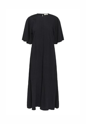 Dark blue, knee-length dress with short flutter sleeves, round neckline, and a back keyhole closure. Made from textured fabric, features a flowing silhouette.