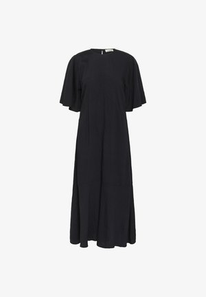 Rochie de culoare albastru închis, până la genunchi, cu mâneci scurte în formă de aripă, decolteu rotund și închidere cu cheiță la spate. Fabricată din material texturat, are o siluetă fluidă.