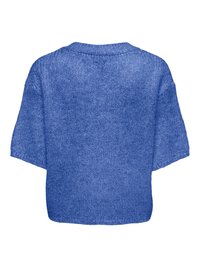 Blå stickad tröja med lös passform. Har korta ärmar, rund halsringning och texturerat tyg. Nederkanten är rak.