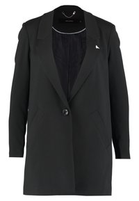 Black blazer with notched lapels, single button closure, two front pockets, and a smooth inner lining. Features a small decorative pin.