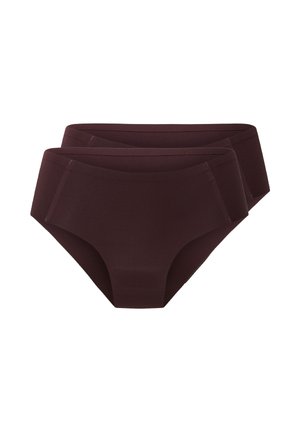 Deux culottes féminines marron foncé sans couture empilées, montrant la vue de face avec un tissu lisse et une large ceinture.
