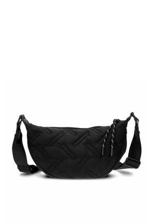 Schwarze, gesteppte Schultertasche mit geschwungener Form, ausgestattet mit einem Reißverschluss und einem verstellbaren Tragegurt. Texturiertes Muster auf der Stoffoberfläche.