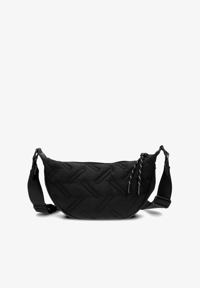 Borsa a spalla nera trapuntata con forma curva, dotata di chiusura a zip e tracolla regolabile. Motivo testurizzato sulla superficie in tessuto.