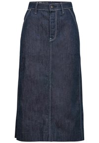 Tmavě modrá džínová midi sukně s rovný střih, designem pěti kapes, předním zapínáním na knoflíky a kontrastním prošíváním.