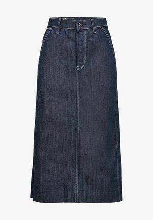 Mörk denim midi-skirt med rak skärning, femficksdesign, knäppning framtill och kontrasterande sömmar.