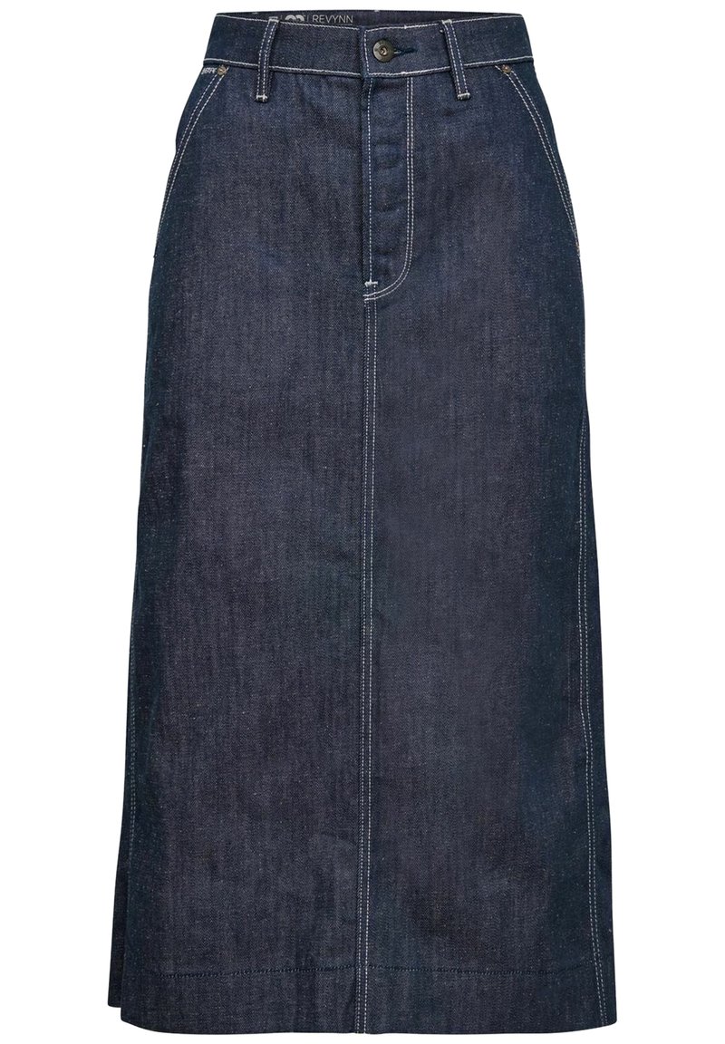 Tmavě modrá džínová midi sukně s rovný střih, designem pěti kapes, předním zapínáním na knoflíky a kontrastním prošíváním.