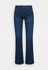 Mörkblå denim-flared jeans med en figursydd midja, femficksdesign och subtila sömnadsdetaljer. Slät textur med lätt blekning.