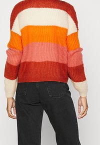 Persoon met een multicolore gestreepte gebreide trui in crème, oranje, roze en rood, met zwarte jeans, gezien vanaf de achterkant.