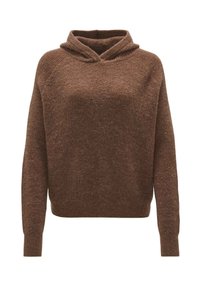 Brązowy sweter z dzianiny, z długimi rękawami i luźnym kapturem, z ściśniętymi mankietami i dołem.