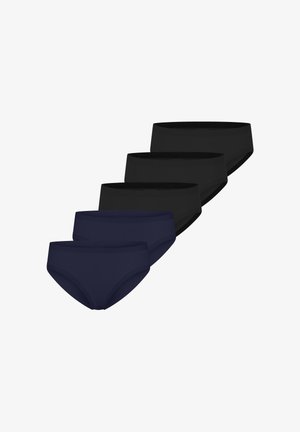 Fünf Paare nahtlose Damen-Slips in Schwarz und Dunkelblau, versetzt gestapelt auf weißem Hintergrund.