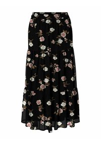 Zwarte maxi rok met meerdere lagen, versierd met een roze en witte bloemenprint en een elastische tailleband.