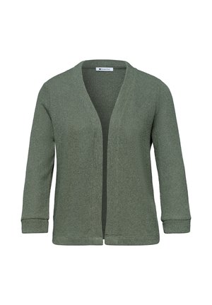 Cardigan tricoté vert olive ouvert sur le devant, manches longues et ourlet et poignets côtelés.