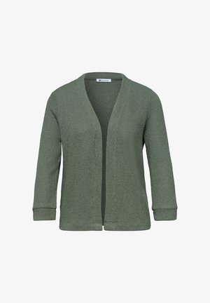 Olijfgroene open-front gebreide cardigan met lange mouwen en een geribde zoom en manchetten.
