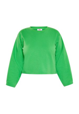 Felpa verde, a maniche lunghe e taglio corto, con scollatura rotonda. Realizzata in un tessuto testurizzato, presenta dettagli a coste sulle maniche e sull'orlo.