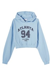 Himlablå croppad huvtröja i ribbat material, med en framsidegrafik som visar texten "ATLANTA 94" och "U.S.A. GEORGIA STATE."