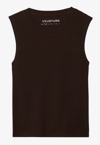 Brun uten ermer ribbestrikket tank topp med rund hals og rett kant. Merket sier "YOURTURN," med størrelsesvalg fra XS til XL.