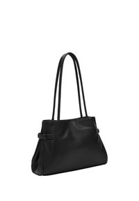 Czarna skórzana torba tote z dwiema długimi rączkami, gładka tekstura, plisowane boki i detal w postaci węzła po obu stronach. Prosty prostokątny kształt.
