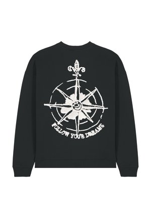 Schwarzer Sweatshirt mit einem weißen, gestickten Kompassdesign und dem Text "VERFOLGE DEINE TRÄUME" darunter. Gerippte Bündchen und Saum.
