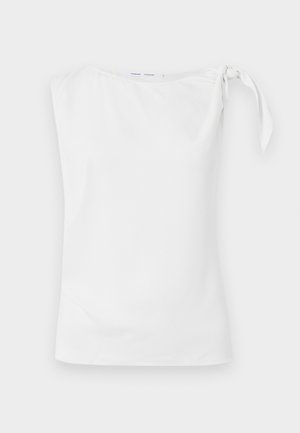 Fehér ujjatlan felső aszimmetrikus kivágással és bal vállon megkötött részlettel, sima, könnyű anyagból készült.