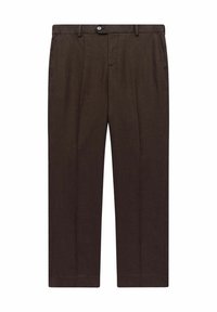 Bruna skräddarsydda byxor i lätt tyg med rak ben, med knappstängning framtill och två sidofickor.