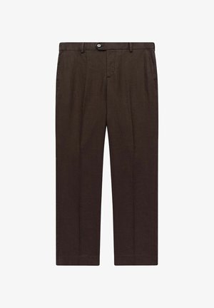Bruna skräddarsydda byxor i lätt tyg med rak ben, med knappstängning framtill och två sidofickor.