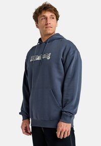 Blue hoodie made of soft fabric with a kangaroo pocket, drawstring, ribbed cuffs, and featuring a contrasting logo in the center.