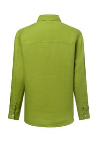 Green long-sleeve shirt with a collared neckline, buttoned cuffs, and a textured fabric. Back view shows a simple, smooth design.